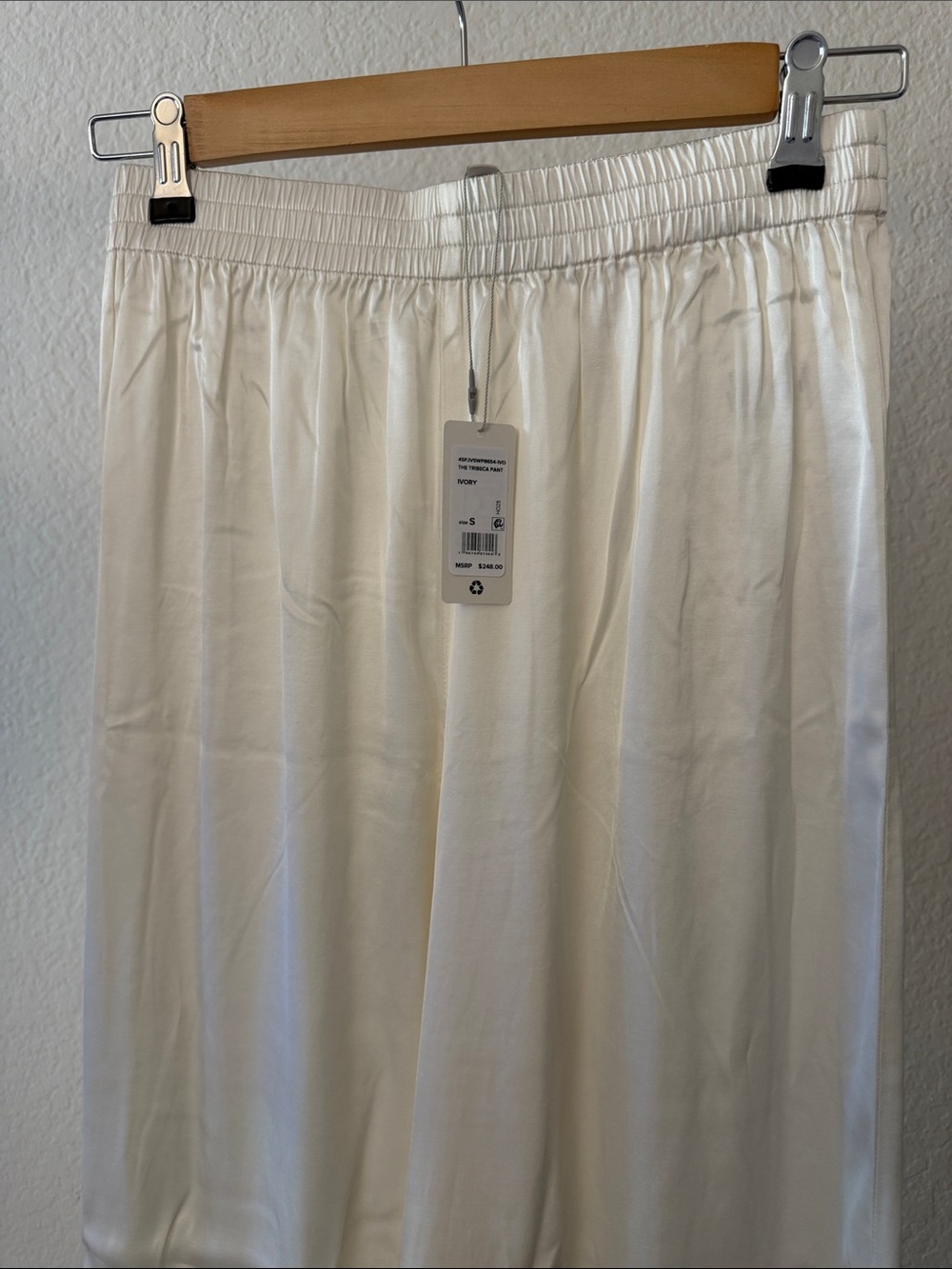 Favorite Daughter The Tribeca Pant in Ivory Elastic-Waist Satin Pants